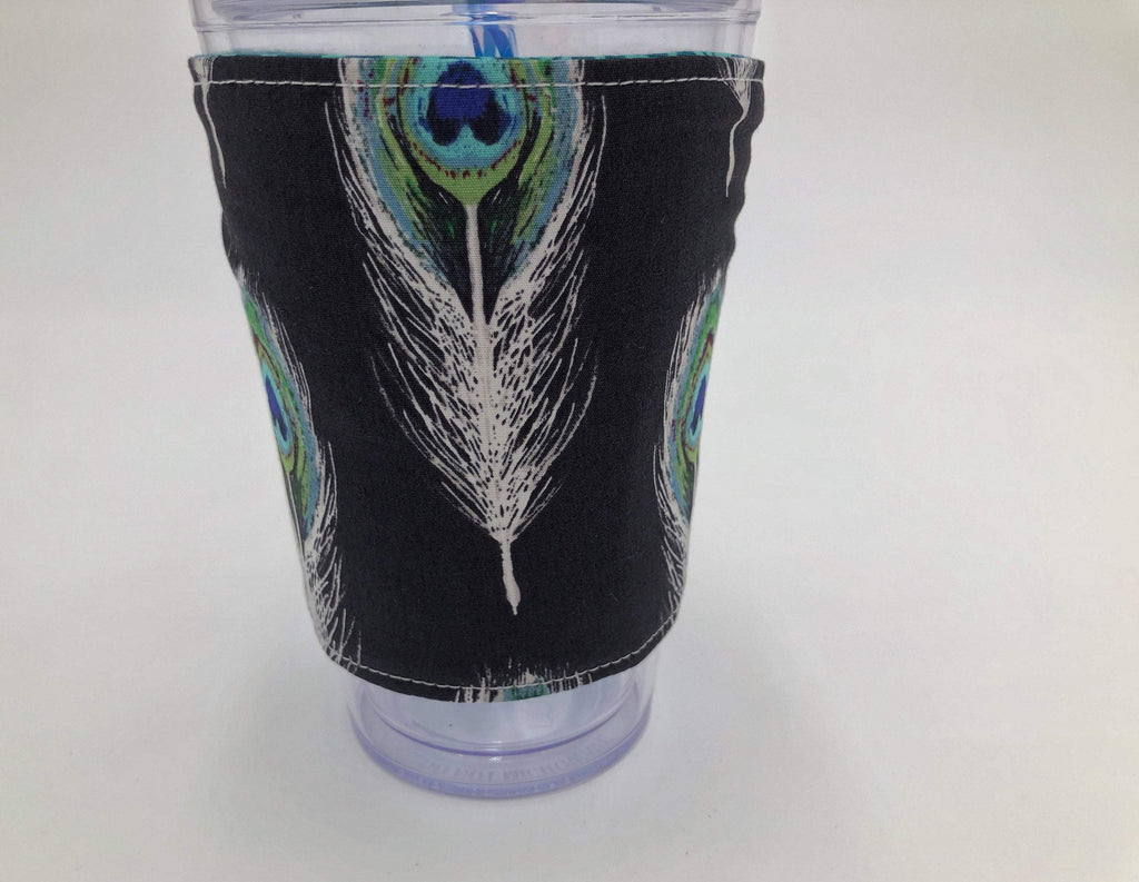 Black Feather Coffee Cozy, Teal Iced Coffee Drink Sleeve, Hot Tea Sleeve - EcoHip Custom Designs