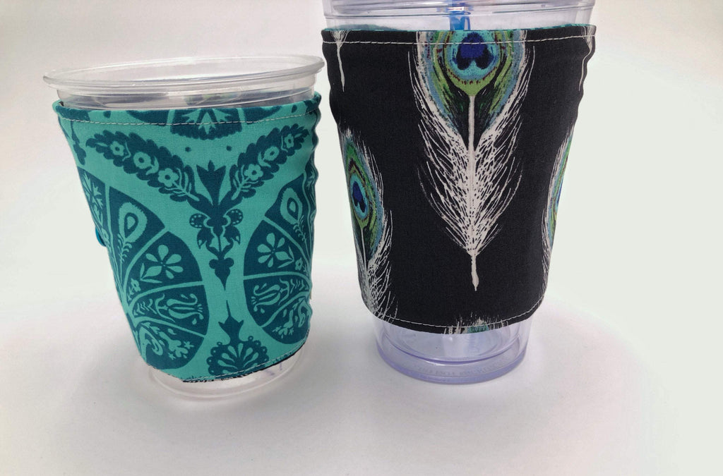 Black Feather Coffee Cozy, Teal Iced Coffee Drink Sleeve, Hot Tea Sleeve - EcoHip Custom Designs