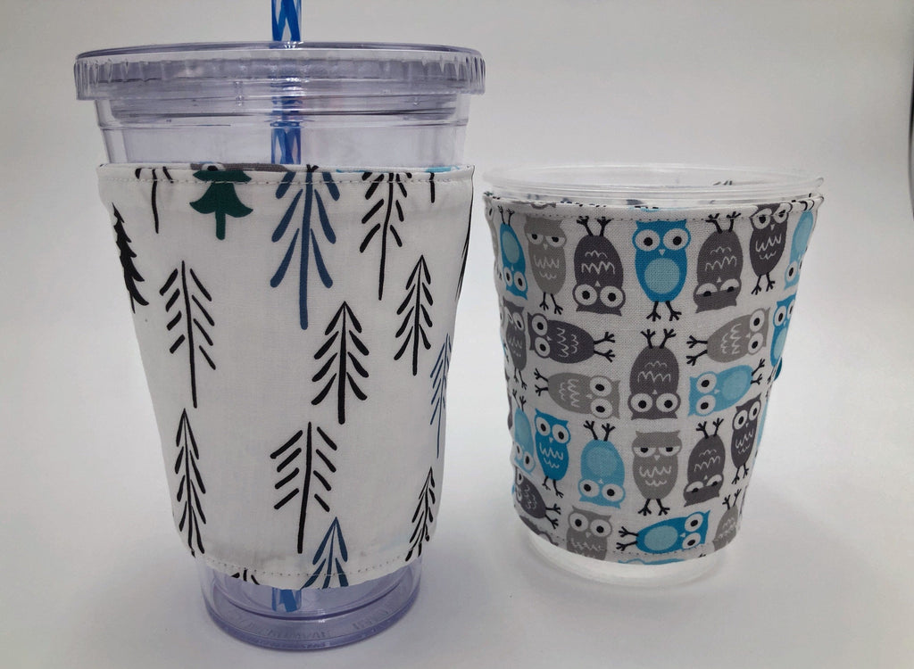 Blue Owl Iced Coffee Cozy, Gray Bird Coffee Sleeve, Nature Tree Hot Drink Cozy - EcoHip Custom Designs