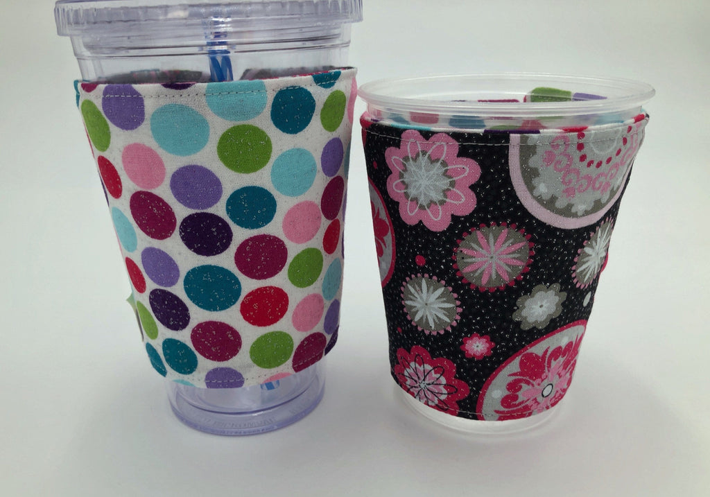 Shimmer Polka Dot Coffee Sleeve, Reversible Coffee Cup Cozy, Iced Coffee Cuff, Floral - EcoHip Custom Designs