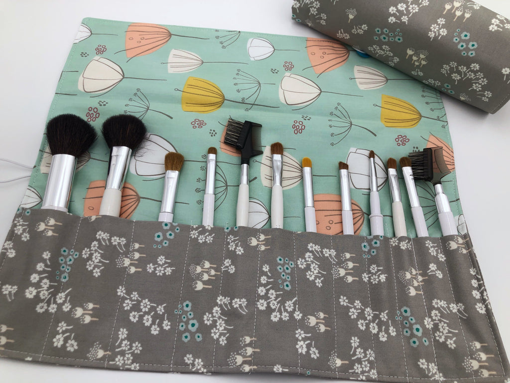 Gray Make Up Brush Case, Green Floral Makeup Brush Bag, Cosmetic Holder - EcoHip Custom Designs