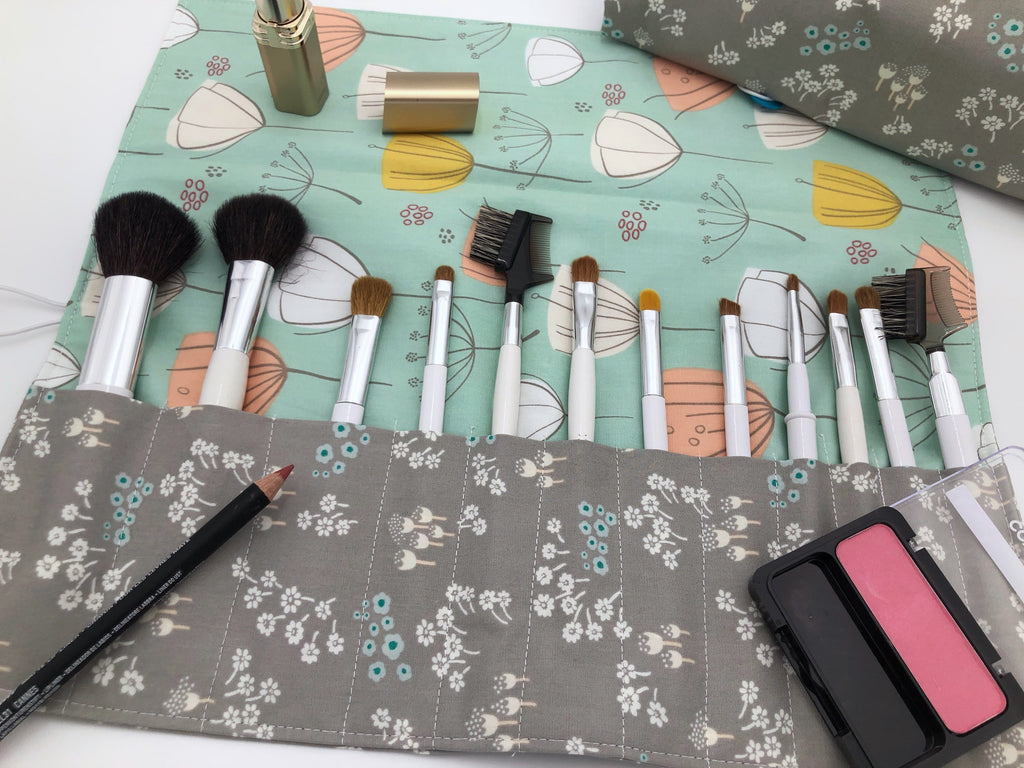 Gray Make Up Brush Case, Green Floral Makeup Brush Bag, Cosmetic Holder - EcoHip Custom Designs