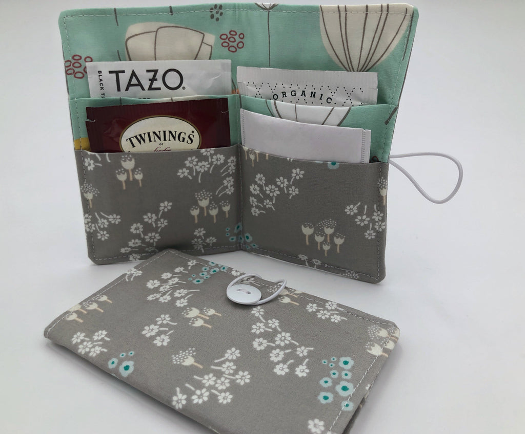 Gray Teabag Wallet, Light Green Floral Tea Bag Organizer, Travel Tea Bag Holder - EcoHip Custom Designs