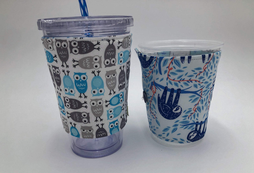 Blue Sloth Iced Coffee Cozy, Gray Owls Insulated Coffee Sleeve, Reversible Drink Cozy - EcoHip Custom Designs