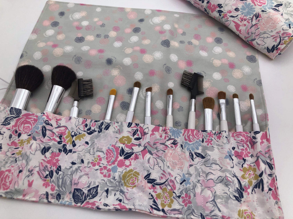 Pink Floral Paintbrush Roll, Travel Make Up Brush Case, Gray Polka Dot Brush Holder - EcoHip Custom Designs