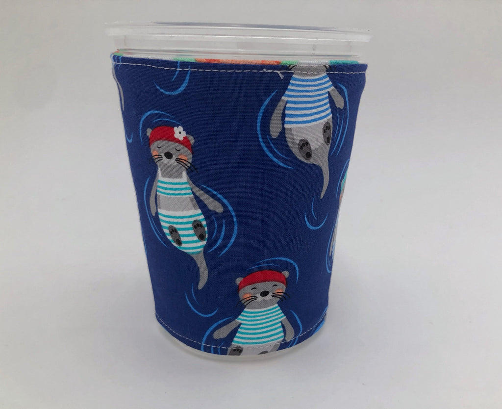 Blue Otter Coffee Cozy, Air Balloon Coffee Sleeve, Insulated, Reversible Coffee Cuff - EcoHip Custom Designs