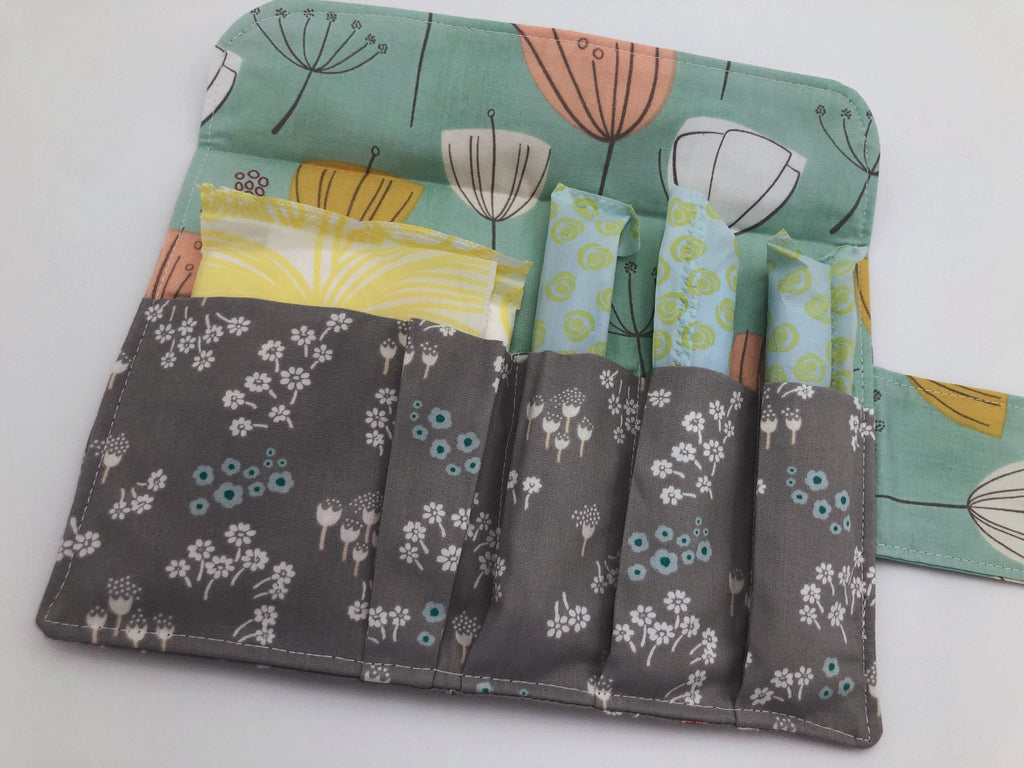 Gray Floral Sanitary Pad Pouch, Green Blooms Tampon Holder, Tampon Bag - EcoHip Custom Designs