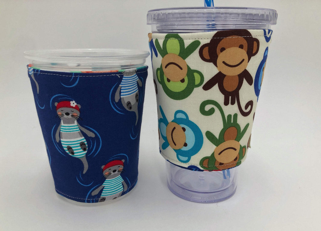 Otter Insulated Coffee Cozy, Animals, Monkey Reversible Iced Coffee Sleeve, Hot Tea Sleeve - EcoHip Custom Designs