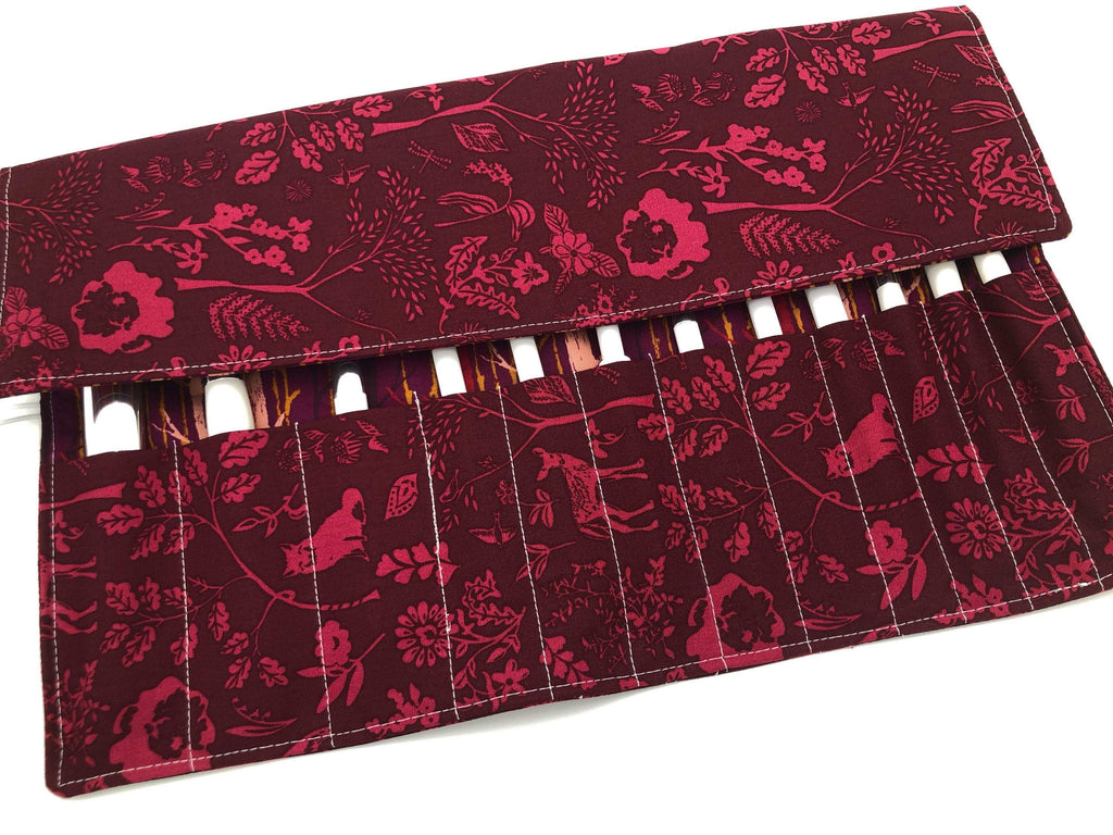Magenta Red Brush Roll Up, Animal Cosmetic Brush Organizer, Brush Case, Fox - EcoHip Custom Designs