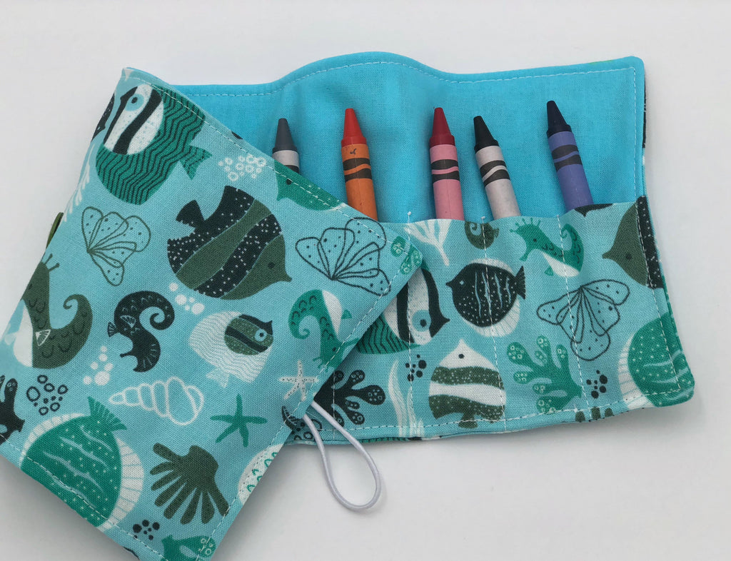 Fishes Crayon Roll Up, Teal Ocean Crayon Wallet, Toddler Travel Toy, Crayons Included Case - EcoHip Custom Designs