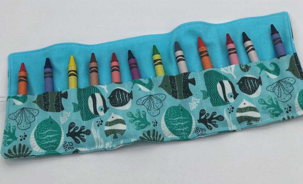 Fishes Crayon Roll Up, Teal Ocean Crayon Wallet, Toddler Travel Toy, Crayons Included Case - EcoHip Custom Designs