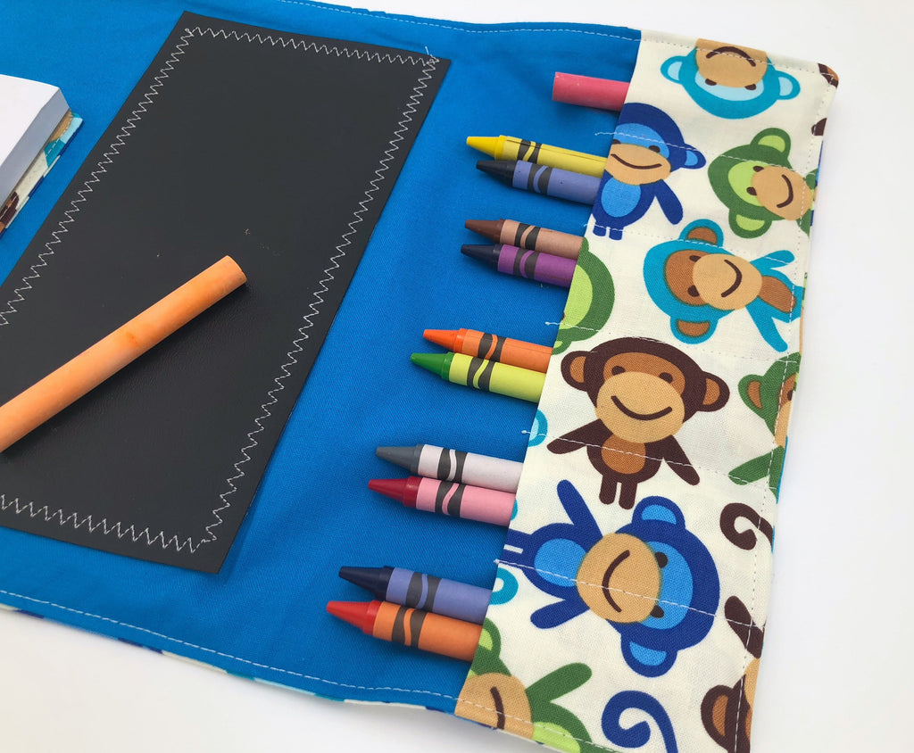 Monkey Creative Crayon Toy, Animal Pencil Case Roll Up, Chalk Board Mat, Stickers - EcoHip Custom Designs