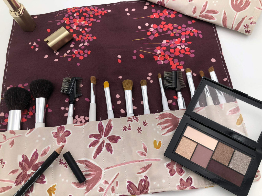Red Foliage Brush Roll, Magenta Travel Makeup Brush Case, Cosmetic Brush Bag - EcoHip Custom Designs
