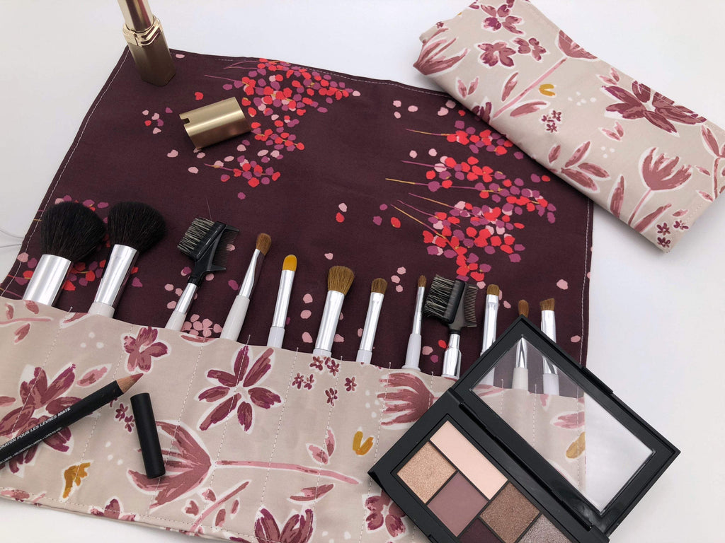 Red Foliage Brush Roll, Magenta Travel Makeup Brush Case, Cosmetic Brush Bag - EcoHip Custom Designs