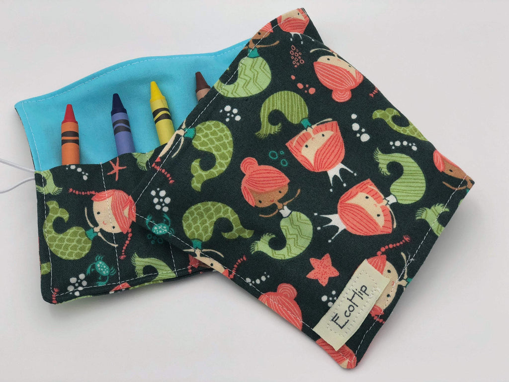 Mermaid Crayon Roll Up, Teal Green Travel Crayon Wallet, Creative Preschool Toy - EcoHip Custom Designs
