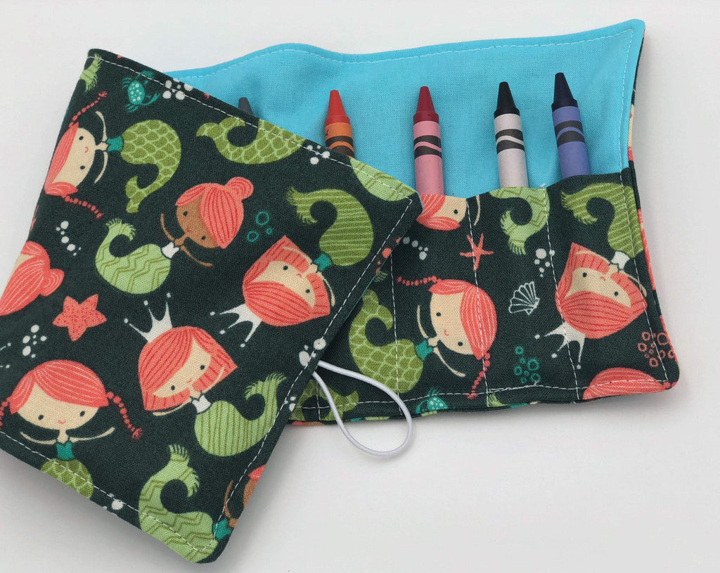 Mermaid Crayon Roll Up, Teal Green Travel Crayon Wallet, Creative Preschool Toy - EcoHip Custom Designs