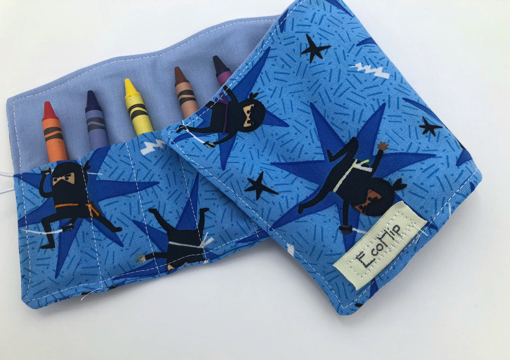 Blue Ninja Crayon Roll Up, Travel Martial Arts Toy, Crayon Wallet, Crayon Case - EcoHip Custom Designs