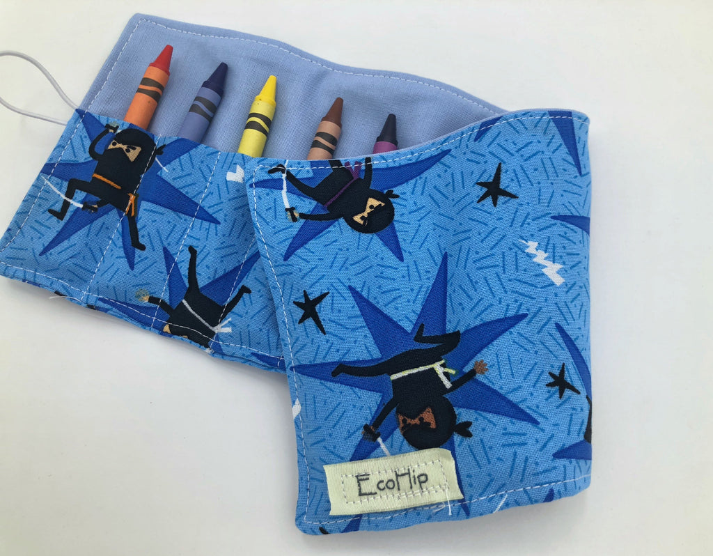 Blue Ninja Crayon Roll Up, Travel Martial Arts Toy, Crayon Wallet, Crayon Case - EcoHip Custom Designs