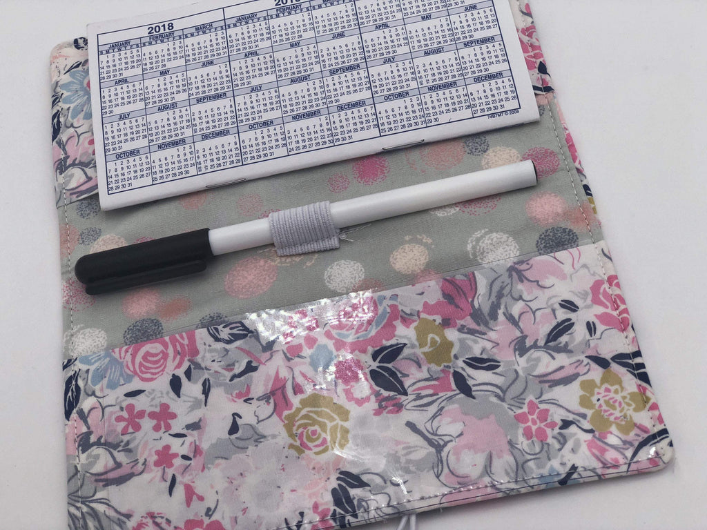 Gray Duplicate Checkbook Wallet, Pink Floral Check Book Register, Pen Holder, Polka Dot - EcoHip Custom Designs