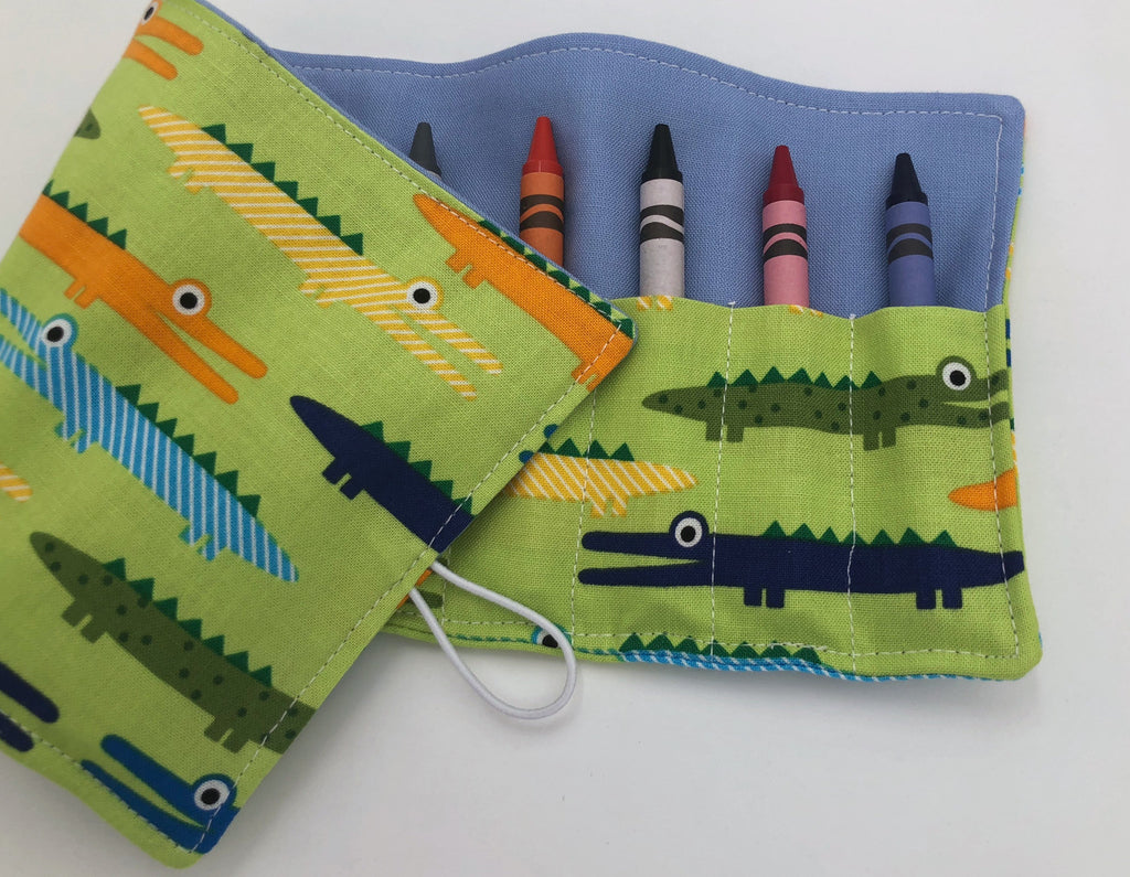 Alligator Crayon Wallet, Green Gator Crayon Roll Up Tote, Animal Craft Toy - EcoHip Custom Designs