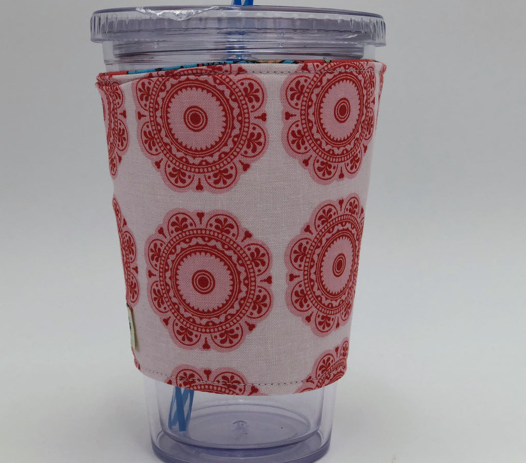 Peacock Iced Coffee Cozy, Red Insulated Hot Coffee Sleeve, Reversible Drink Cozy - EcoHip Custom Designs