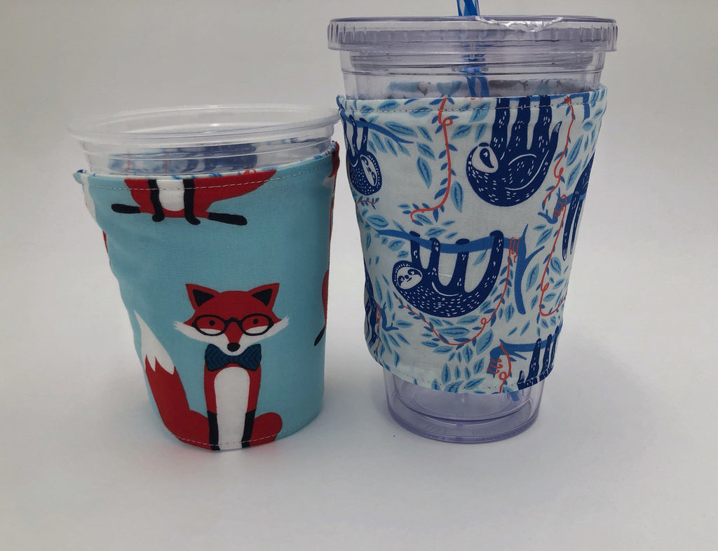 Aqua Blue Foxes Coffee Cozy, Reversible Iced Drink Sleeve, Sloth Insulated Hot Tea Cozy - EcoHip Custom Designs