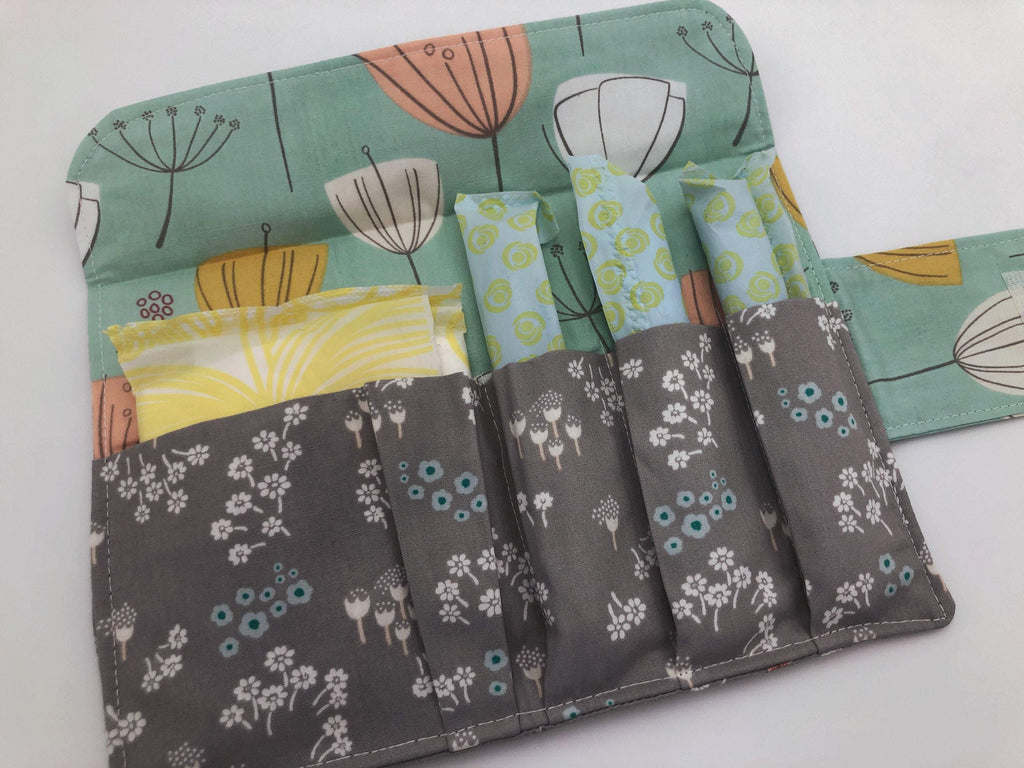 Gray Floral Sanitary Pad Pouch, Green Blooms Tampon Holder, Tampon Bag - EcoHip Custom Designs