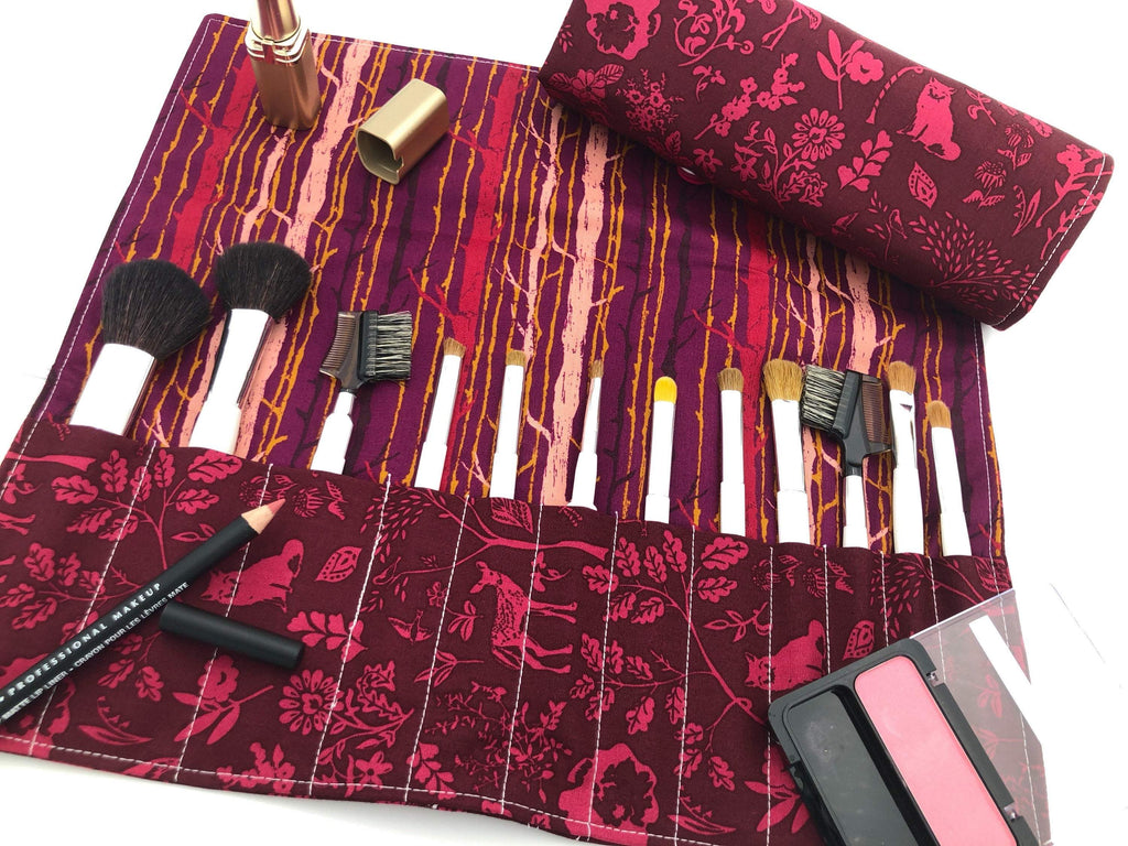 Magenta Red Brush Roll Up, Animal Cosmetic Brush Organizer, Brush Case, Fox - EcoHip Custom Designs