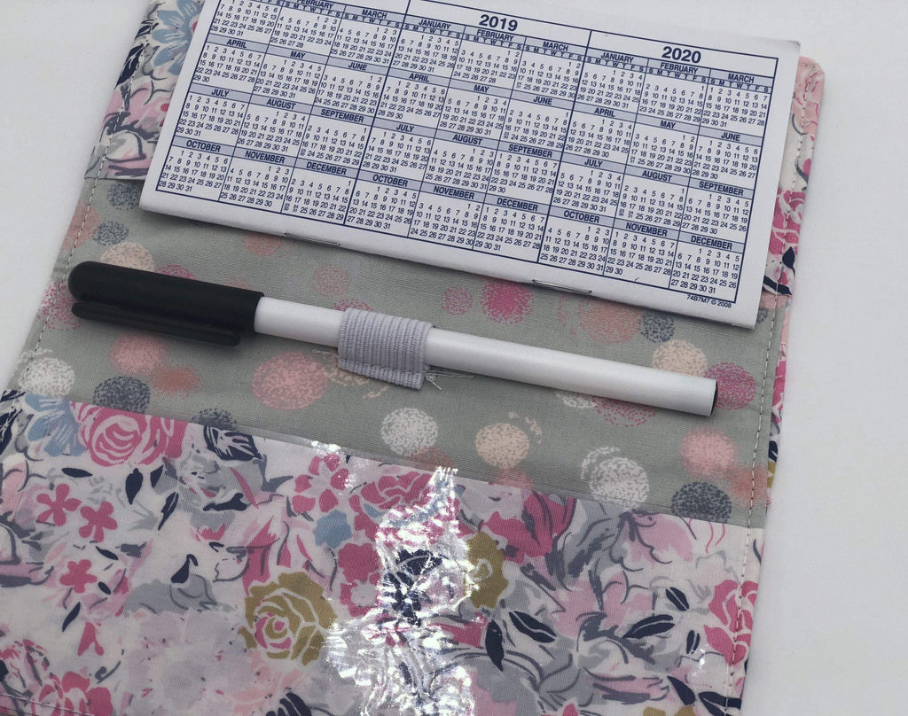 Gray Duplicate Checkbook Wallet, Pink Floral Check Book Register, Pen Holder, Polka Dot - EcoHip Custom Designs