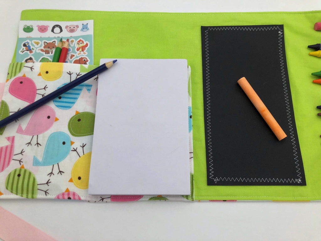 Pink Birds Chalk Board Roll Up, Chalkboard Mat, Travel Crayon Wallet, Green Crayon Case - EcoHip Custom Designs