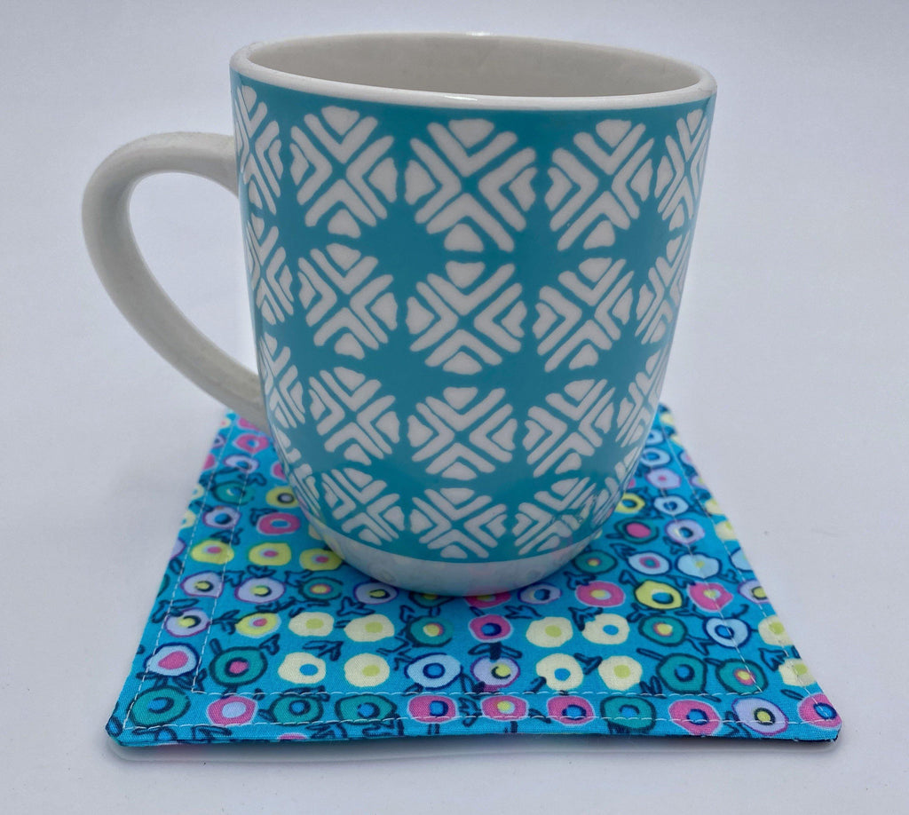 Fabric Coaster, Set of 4 Kitchen Coasters, Drink Coasters, Coffee Mug Rug, Hot Tea Cup Coaster - Field Folly Aqua Blue