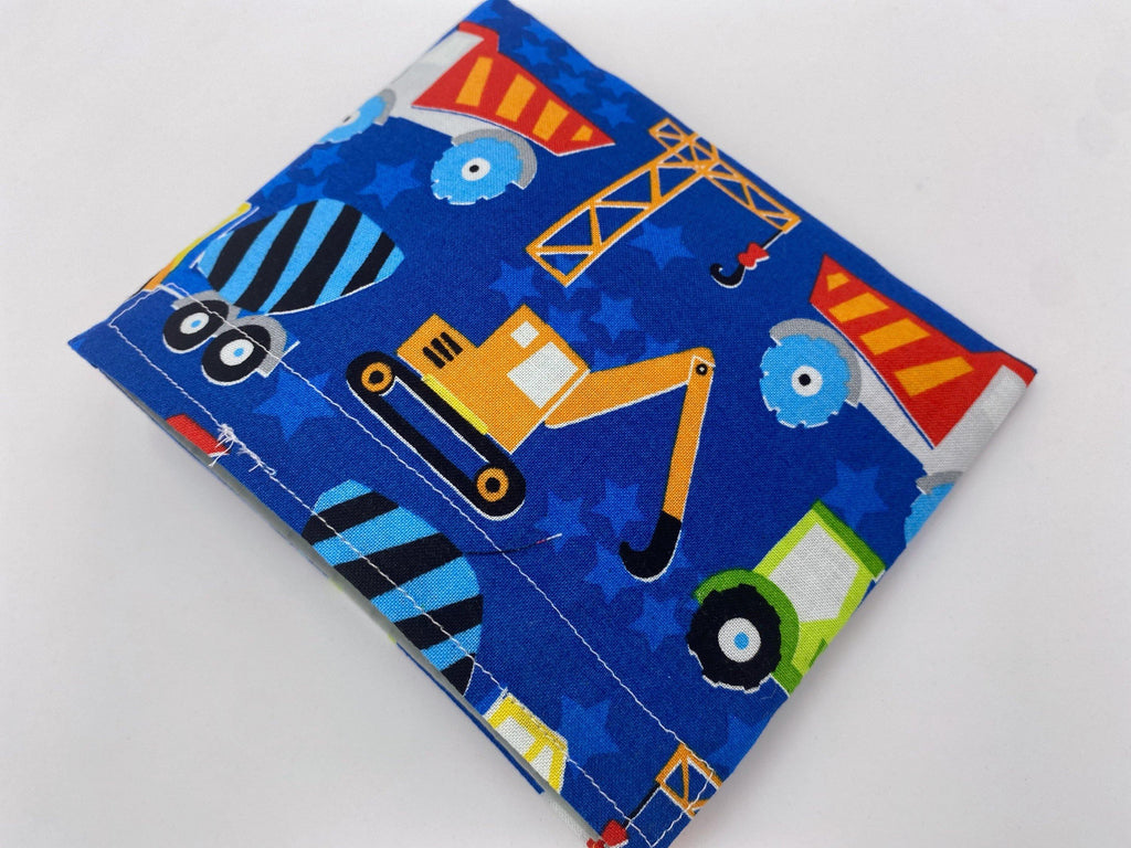 Reusable Snack Bag, Reusable Baggie, Car Snack Bag, Fabric Snack Bag, Reusable Fabric Snack Bag, Snack Holder - Construction Vehicles Blue