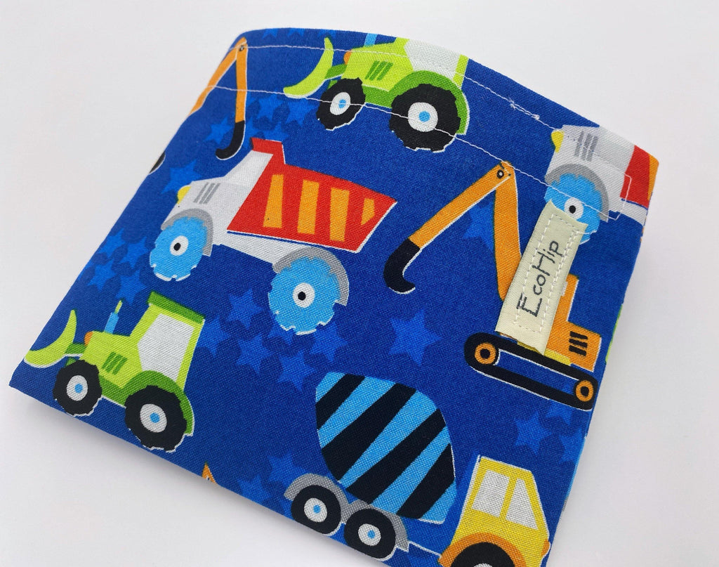 Reusable Snack Bag, Reusable Baggie, Car Snack Bag, Fabric Snack Bag, Reusable Fabric Snack Bag, Snack Holder - Construction Vehicles Blue