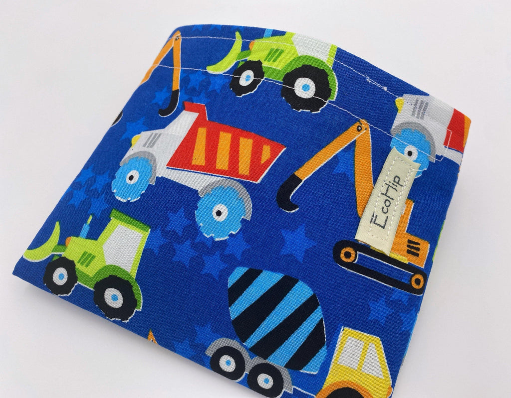 Reusable Snack Bag, Reusable Baggie, Car Snack Bag, Fabric Snack Bag, Reusable Fabric Snack Bag, Snack Holder - Construction Vehicles Blue