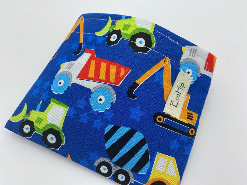 Reusable Snack Bag, Reusable Baggie, Car Snack Bag, Fabric Snack Bag, Reusable Fabric Snack Bag, Snack Holder - Construction Vehicles Blue