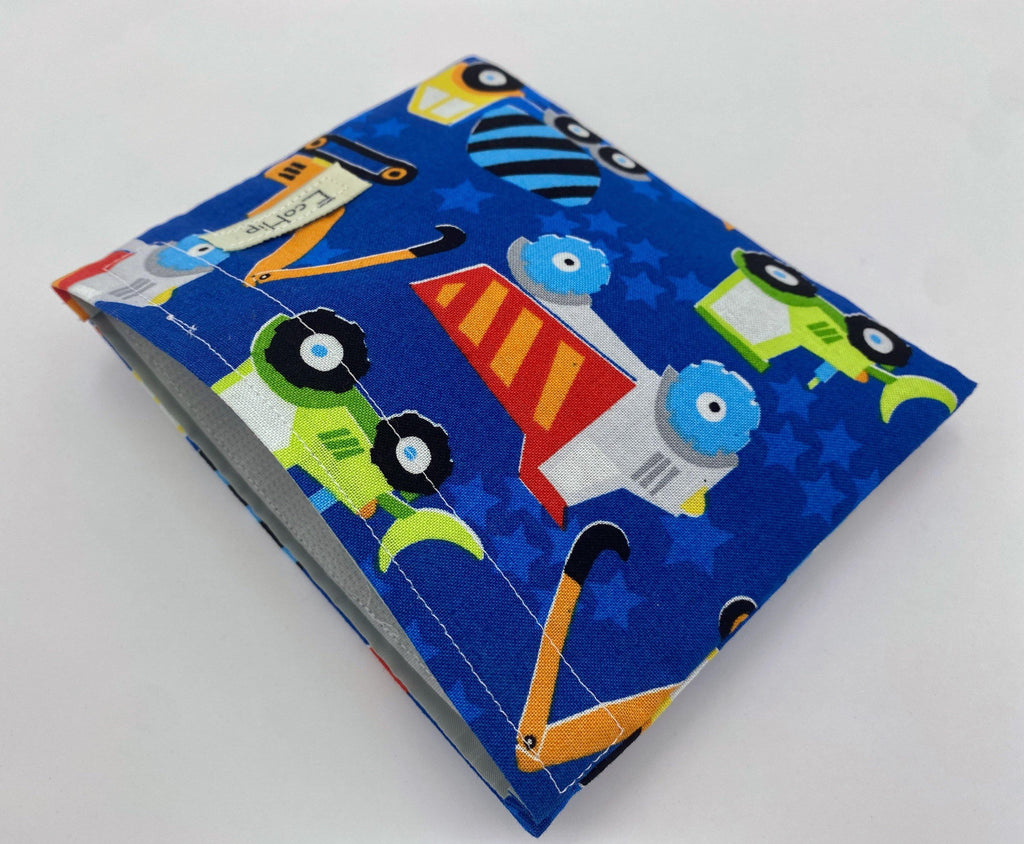 Reusable Snack Bag, Reusable Baggie, Car Snack Bag, Fabric Snack Bag, Reusable Fabric Snack Bag, Snack Holder - Construction Vehicles Blue