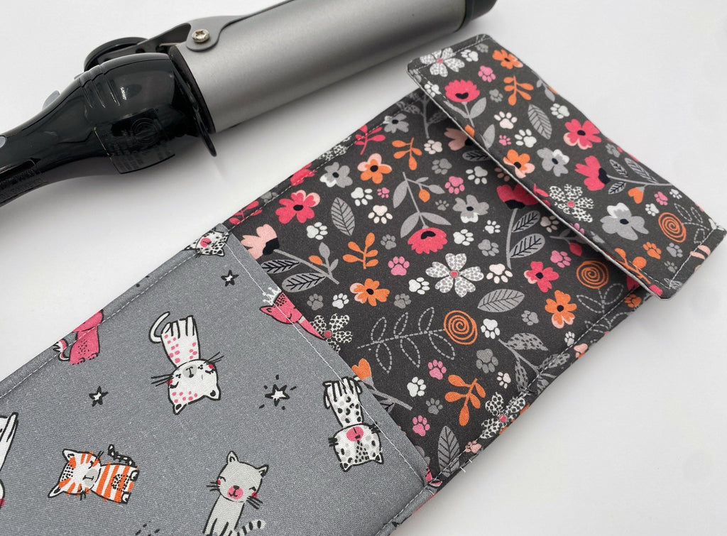 Travel Curling Iron Holder , Curling Iron Case, Flat Iron Holder, Flat Iron Case, Travel Flat Iron Sleeve - Floral Kitty Gray
