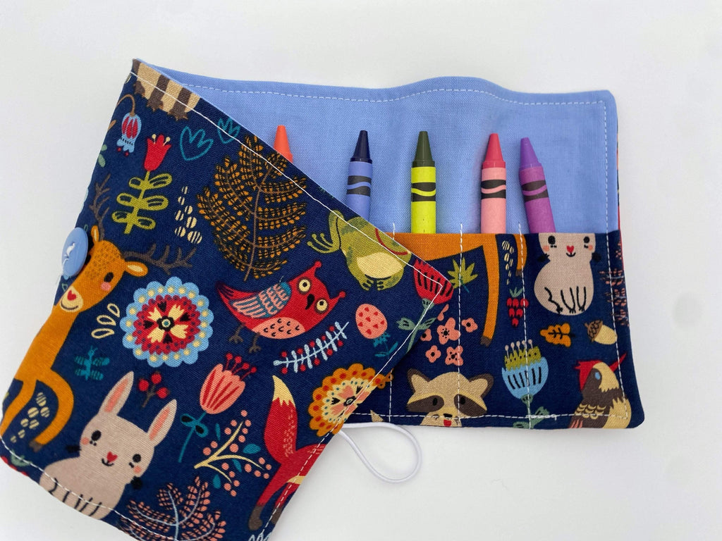 Crayon Roll, Crayon Caddy, Travel Toy, Kids Stocking Stuffer, Crayons Included -Forest Animals Blue