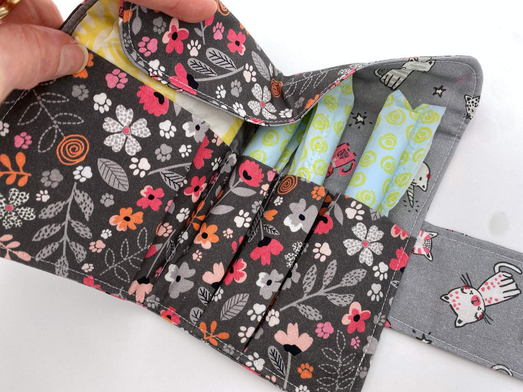 Pink Privacy Pouch, Tampon Case, Sanitary Pad Case, Pad Pouch, Tampon Bag, Tampon Holder - Floral Kitty Gray