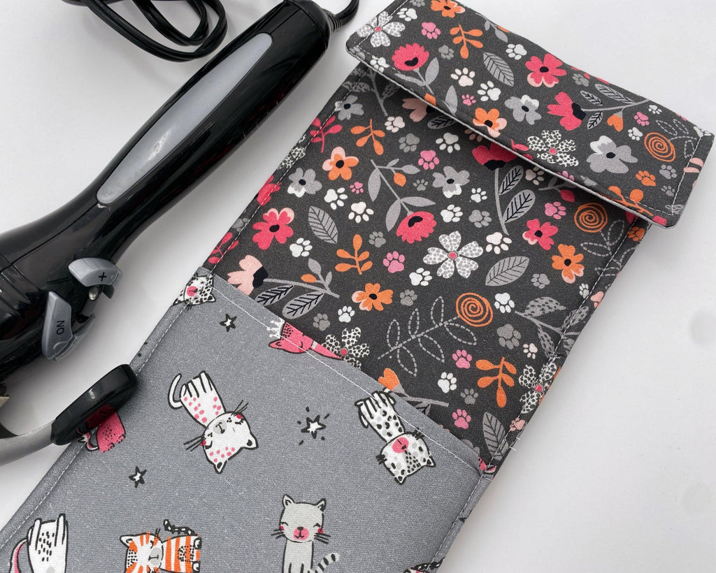 Travel Curling Iron Holder , Curling Iron Case, Flat Iron Holder, Flat Iron Case, Travel Flat Iron Sleeve - Floral Kitty Gray