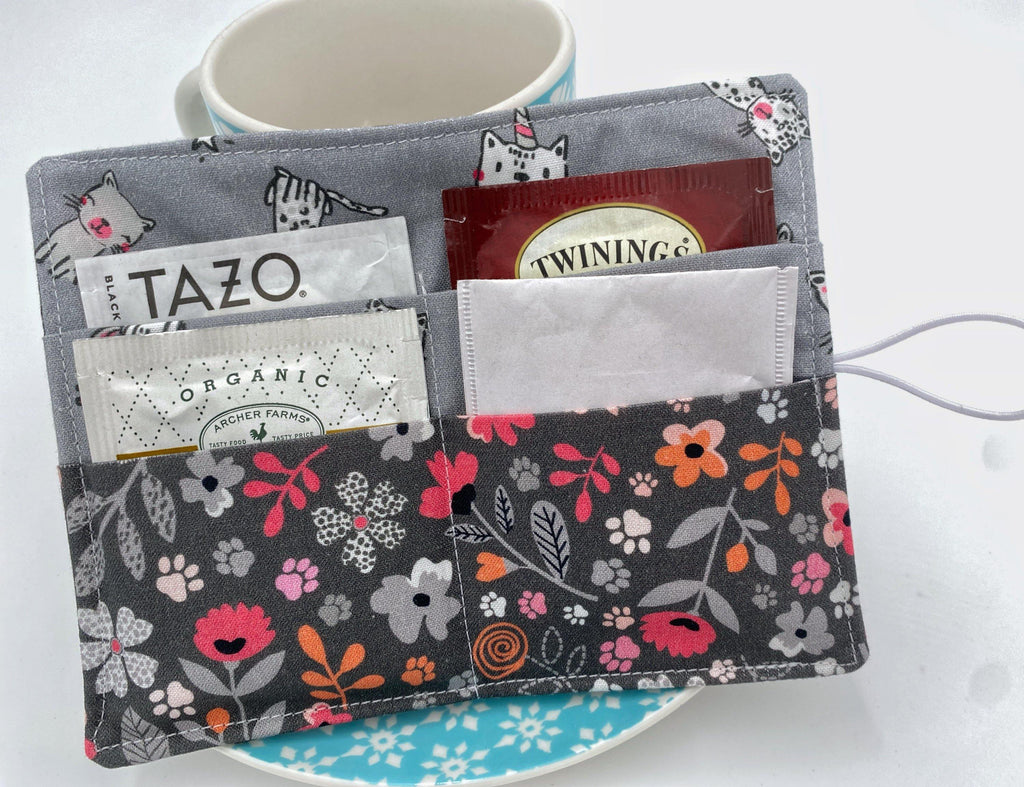 Tea Wallet, Tea Bag Holder, Pink Tea Bag Wallet, Teabag Wallet, Teabag Holder, Tea Bag Cozy - Floral Kitty Gray