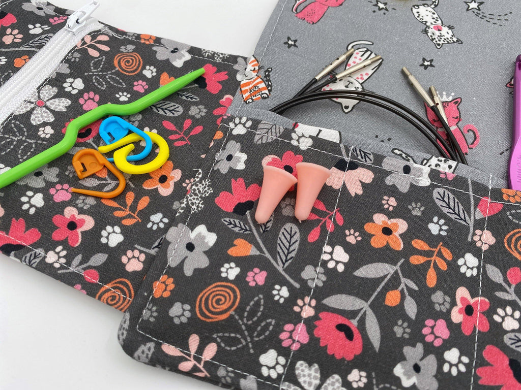 Interchangeable Knitting Needle Case, Knitting Notions Storage. Crochet Hook Roll, Knitting Needle Organizer - Floral Kitty Gray