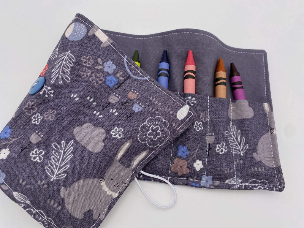 Crayon Roll, Crayon Caddy, Travel Toy, Kids Stocking Stuffer, Crayons Included -Faded Blue Forest