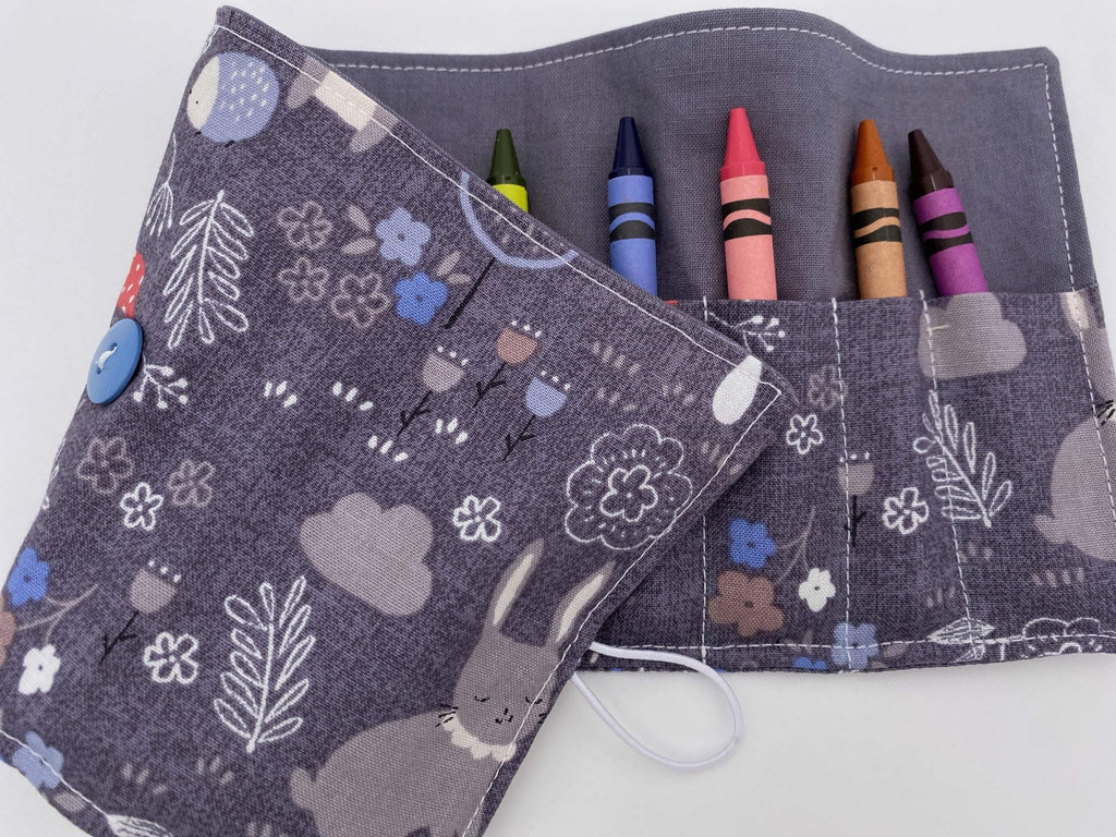 Crayon Roll, Crayon Caddy, Travel Toy, Kids Stocking Stuffer, Crayons Included -Faded Blue Forest
