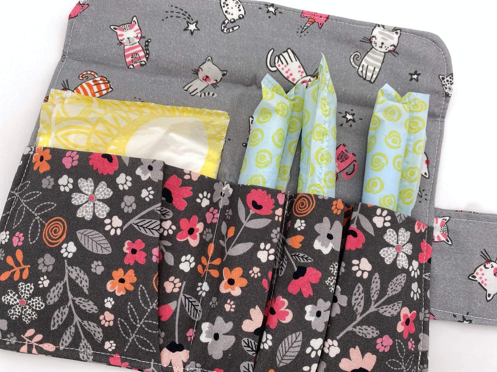 Pink Privacy Pouch, Tampon Case, Sanitary Pad Case, Pad Pouch, Tampon Bag, Tampon Holder - Floral Kitty Gray