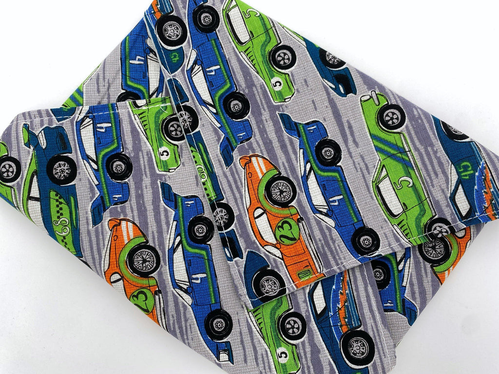 Reusable Sandwich Bag, Sandwich Wrap, Reusable Sandwich Mat, Sandwich Holder - Race Cars Gray