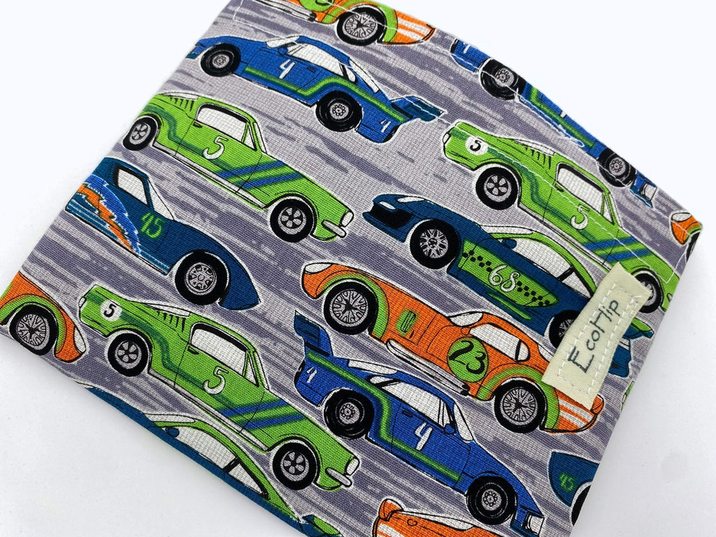 Reusable Snack Bag, Reusable Baggie, Snack Bag, Fabric Snack Bag, Reusable Fabric Snack Bag - Race Cars Gray