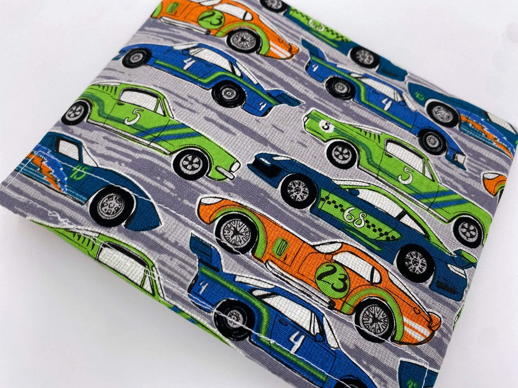 Reusable Snack Bag, Reusable Baggie, Snack Bag, Fabric Snack Bag, Reusable Fabric Snack Bag - Race Cars Gray