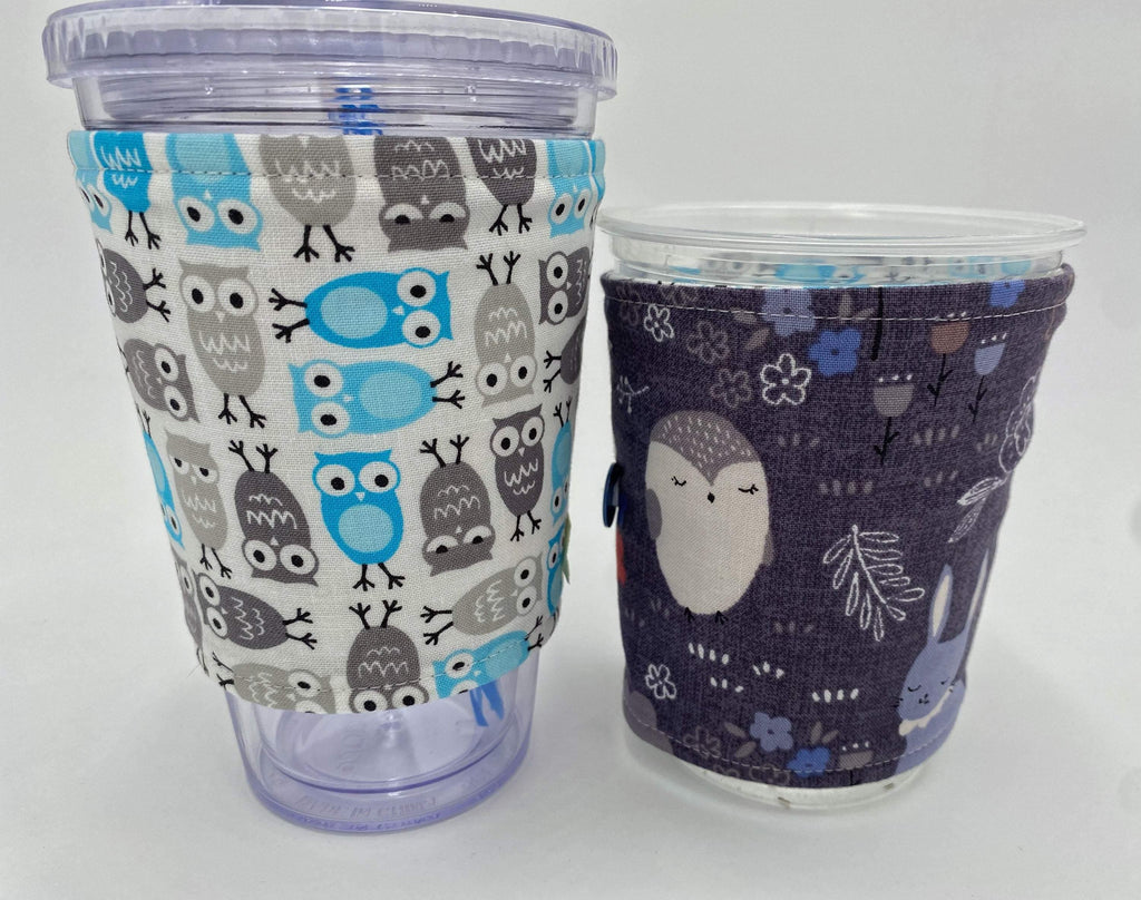 Reversible Coffee Cozy, Insulated Coffee Sleeve, Coffee Cuff, Iced Coffee Sleeve, Hot Tea Sleeve, Cold Drink Cup Cuff - Sloth and Mini Owls