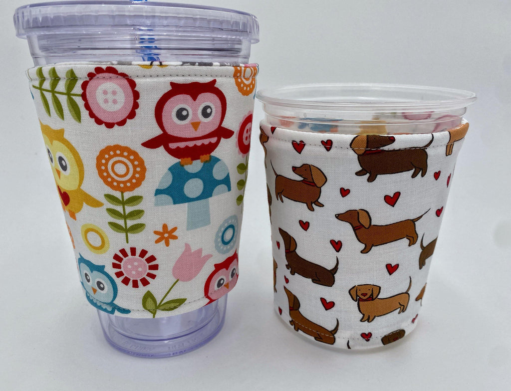 Reversible Coffee Cozy, Insulated Coffee Sleeve, Coffee Cuff, Iced Coffee Sleeve, Hot Tea Sleeve, Cold Drink Cup Cuff - Owls, Dalmatians